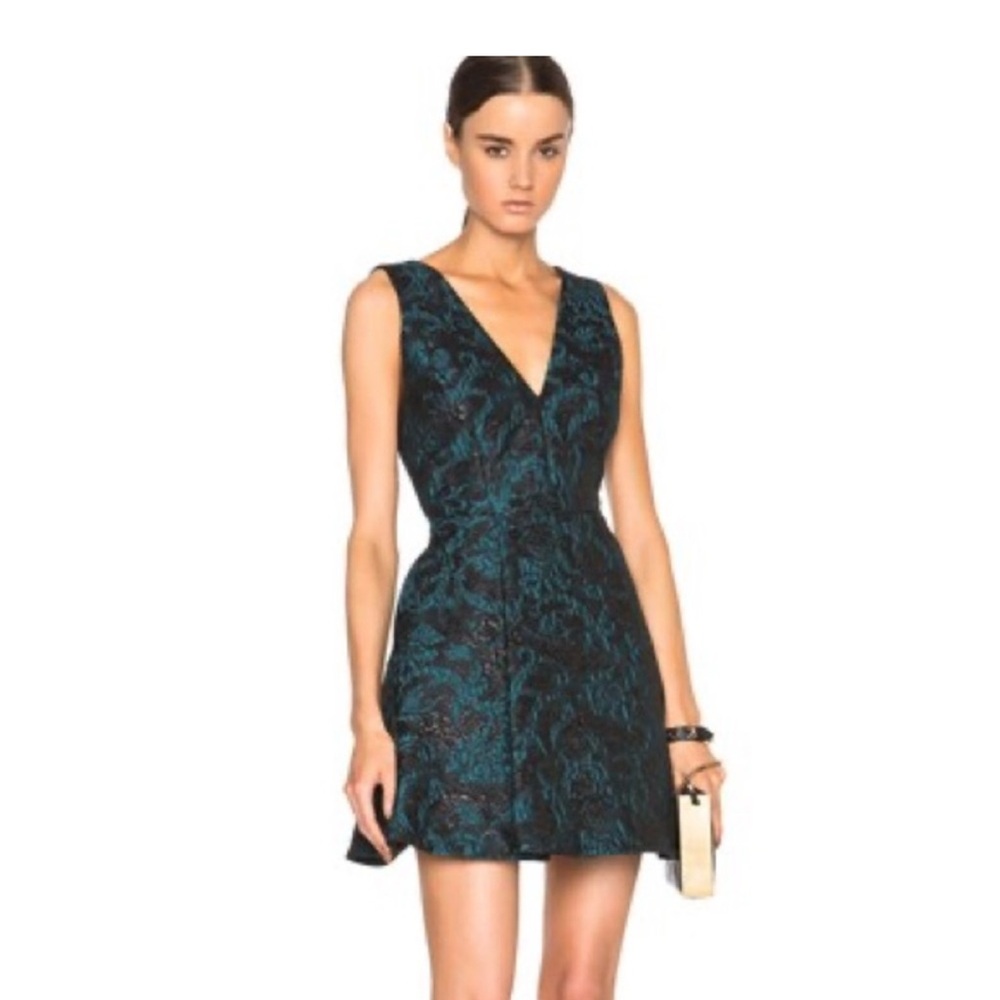 Alice+olivia “Malory” fit and flare mini jacquard black and teal dress size 4